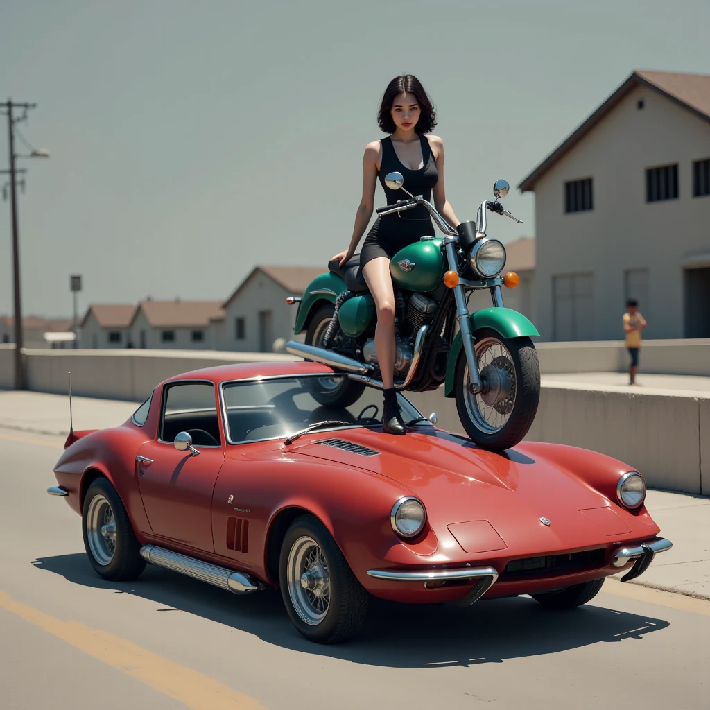masterpiece, best quality, Confident half-naked girl (sitting on a motorcycle), in the center of the composition, in full growth, in beautiful black lingerie, Bold colors and patterns, Fashionable and innovative hairstyle, Bright makeup, Dazzling landscape of a lonely, deserted road, among the mountains, illustration, sex, beautiful detailed face, intricate details, ultra detailed