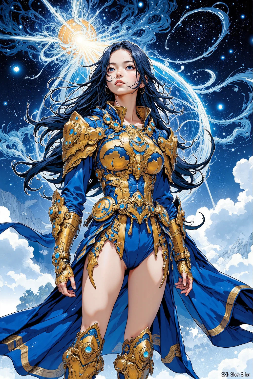 intricate detailed anime style portrait of a young man ,beautiful detailed eyes, beautiful detailed lips, extremely detailed face, long eyelashes, facing upwards, falling from space, space battle scene in background, holding futuristic sword and gun, cinematic dramatic lighting, highly detailed textured skin, blush, blue eyes, closed mouth, depth of field, 8k, best quality, ultra-detailed, photorealistic