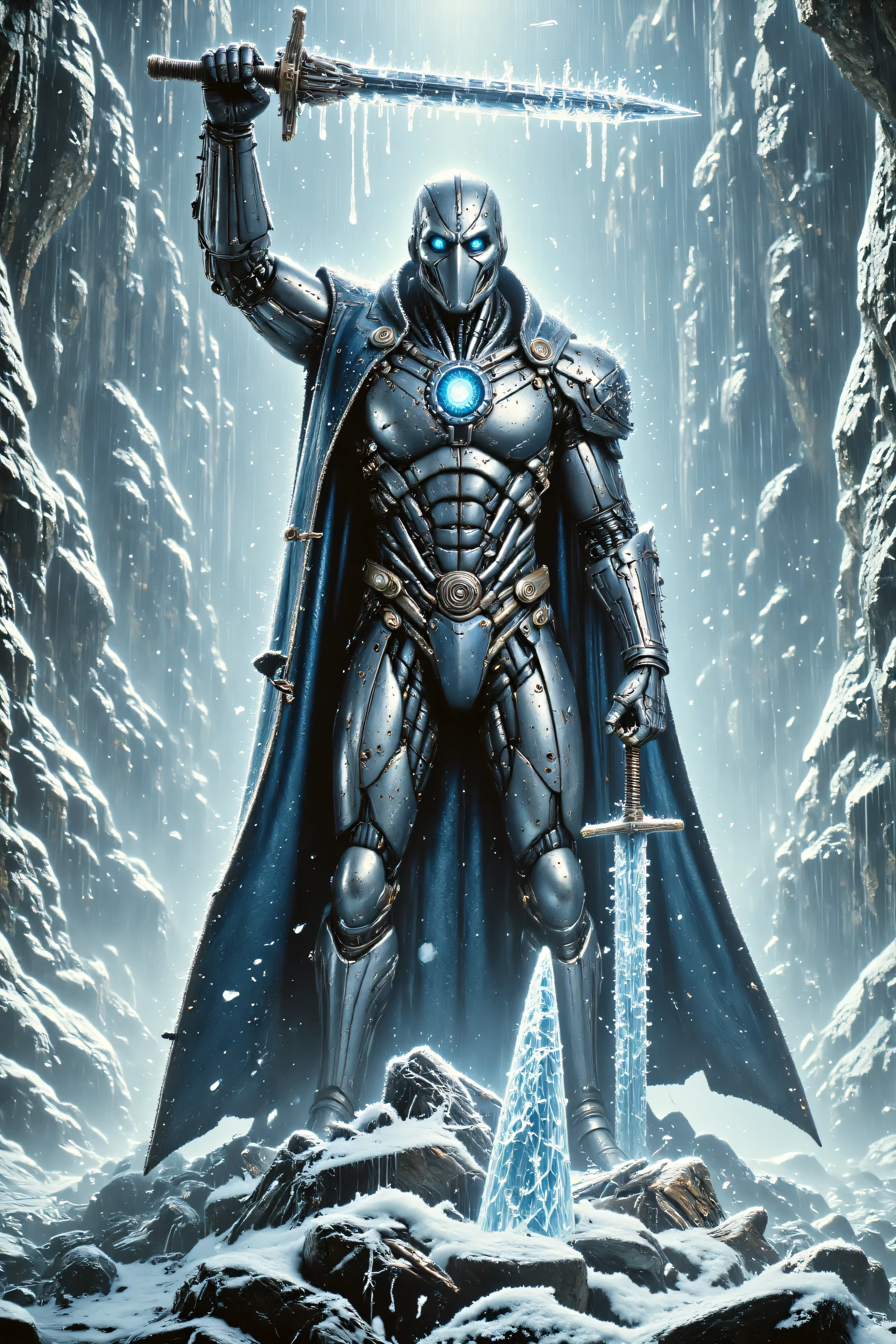 An epic superhero with ice powers standing on top of a frozen mountain, wearing a blue and white armored suit with frost-covered pauldrons, glowing cyan eyes, a long icy cape flowing in the wind, holding a crystalized ice sword stuck in the ground, snow swirling around him, iconic pose with one arm raised to the sky, epic comic book style, ultra-detailed textures, dramatic backlight with cold blue tones, cinematic framing, 8K resolution --ar 16:9 --style epic --quality 2 --neg blurry, distorted face, extra limbs, deformed hands, low resolution, bad anatomy
