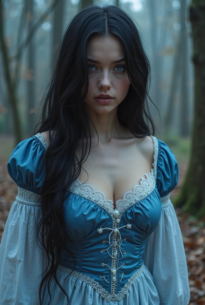 Caucasian woman 1.75 tall, light blue eyes, long black hair, pale skin and freckles, double E breasts, big butt. She is dressed as a harry potter.