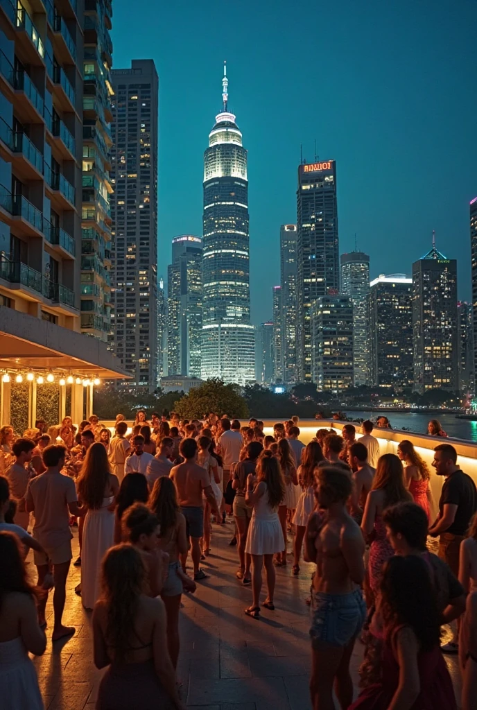Extremely Detailed (18yo girls crowded together:1.37), (Oodles of girls in background), Smiling, White(Skinny(School swimwear:1.28)), Floating in the pool on (rooftop of Marina Bay Sands at Dusk), (32K best quality masterpiece:1.25) ((Photorealsitic:1.37)) Baby Face, every girls wetted