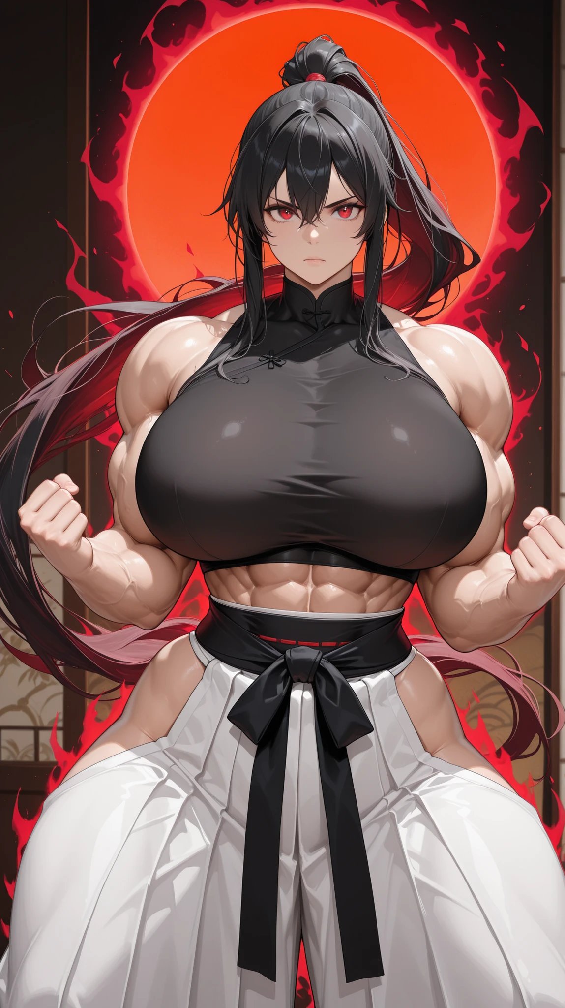 1girl, black hair, (extremely long hair), yellow eyes, ((((((muscular)))))), ((((kimono)))), (((huge breasts))), (((thick thighs))), solo, navel, abs, angry eyes, standing