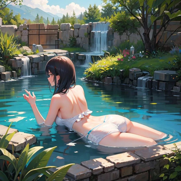 3DMM, ((Masterpiece, best quality, photography, detailed skin, realistic, photo-realistic, 8k, highly detailed, full body, High detail RAW color art, diffused soft lighting, shallow depth of field, sharp focus, hyperrealism, cinematic lighting, a woman, in a beautifully makeup, eyeshadow, beautiful big eyes, ((Brown eyes)), long eye lashes, brunette updo hair, wearing ((Blue satin bikinis)), standing splits, single legs to chest, stretching, hot springs, sakura garden, looking back at viewer 