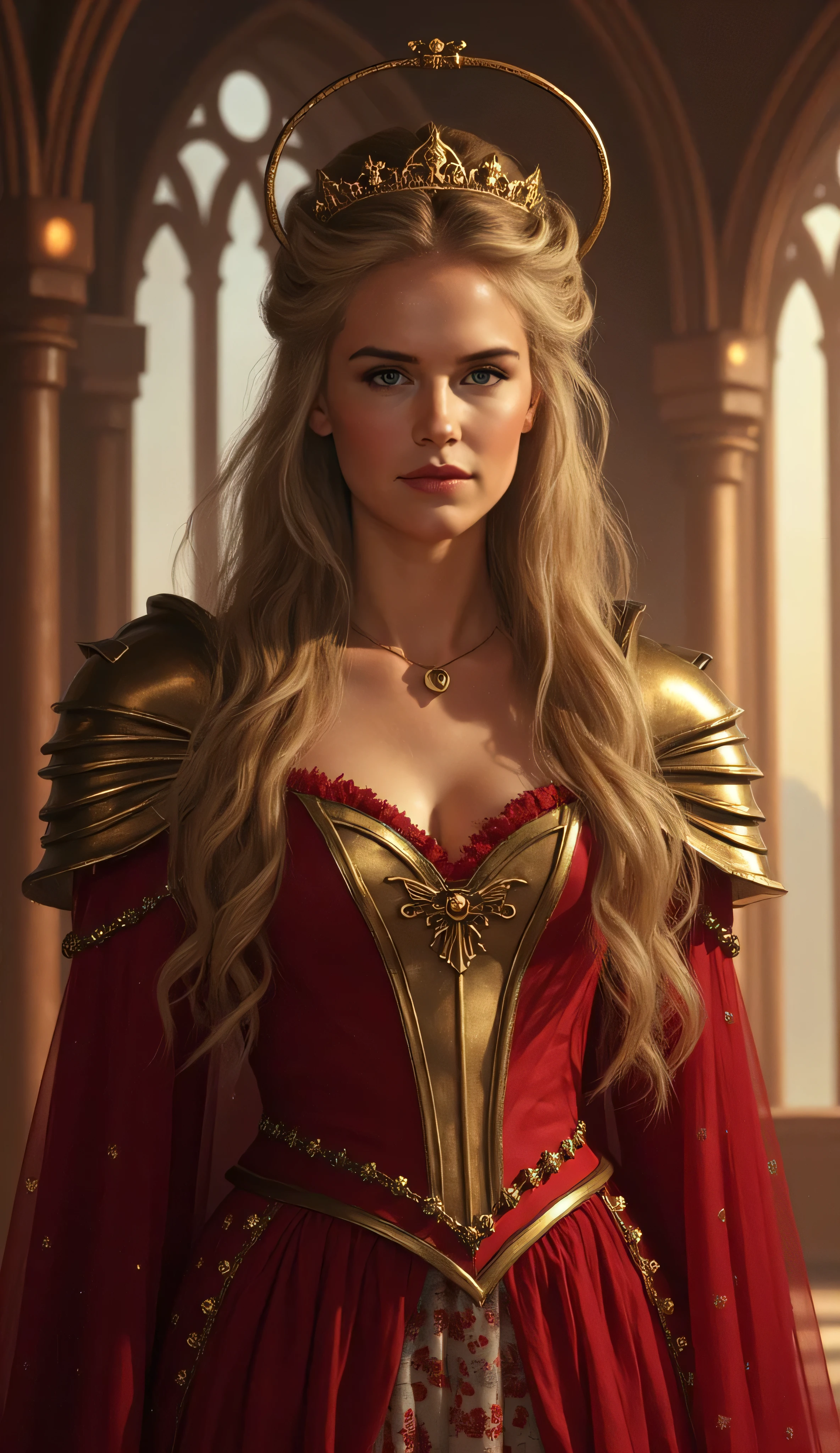 Kelly Preston as Cersei Lannister, Game of Thrones, fantasy queen, long flowing golden-blonde hair, radiant red gown with golden armor accents on shoulders and chest, serene confident expression, golden circlet crowns her head, royal status, softly lit, magical palace with tall arches and glowing lights, warm ethereal atmosphere, digital painting, high fantasy, elegant and regal aesthetic, soft lighting, detailed character portrait
