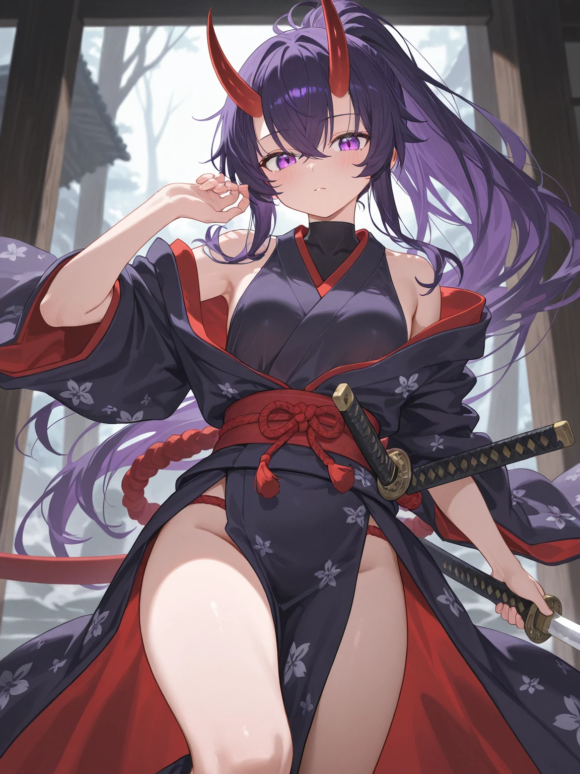 1girl, young samurai warrior, long hair, purple hair, blue eyes, multicolored hair, masterpiece, best quality,