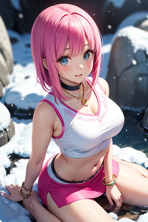 Pink hair. Twintail. Anime girl. Pink eyes. Smile. Tanktop. Wet armpit. Wet nipple. Cleavage. Raised legs. Mountain.