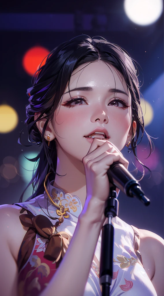 4 beautiful mature Japanese women aged 55, rock band, 4 piece band, Long eyelashes, Low Ponytail, Red lipstick, Pearl Necklace, Earrings, Dark eyeshadow, Cleavage, Flashy clothing, guitar, base, drums and vocals,