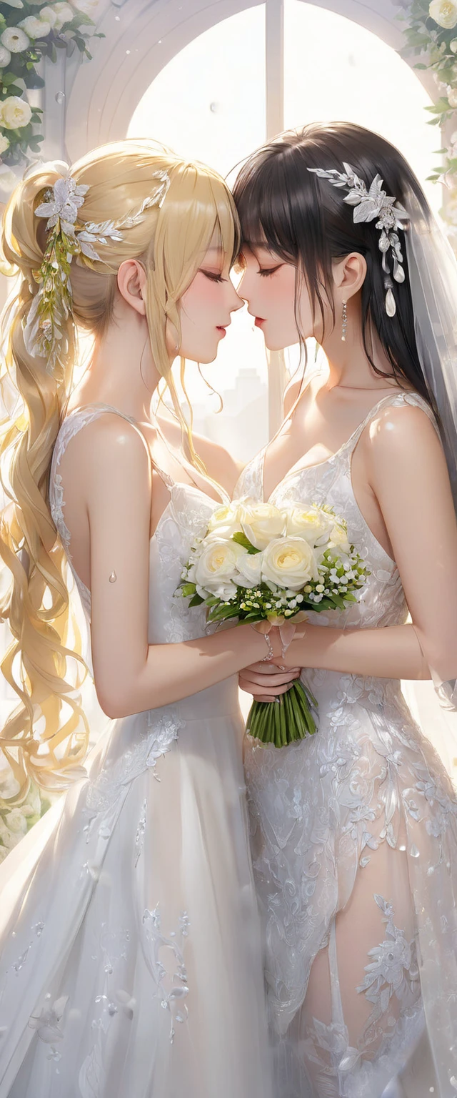 (masuter piece,Best Quality,Ultra-detailed),(absurderes),2girls,lilie,Two women in wedding dresses, Staring at each other, bride, Pale kiss,It's pure,flat-chest,pure love,Junshin,bride