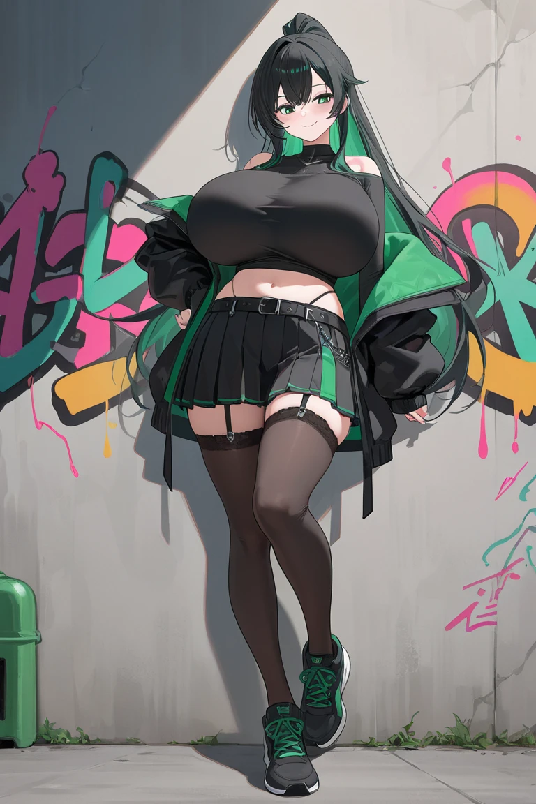 masterpiece, highest quality, (solo focus), (perfect face:1.1), (full body), (high detail:1.1), (hyper detailed eyes), dramatic, a woman with paleskin and long dark green hair, bright green eyes, solo, arrogant expression, neon cybernetic outfit, white background, art by artgerm, cinematic lighting, fashion, BalenciagaStyle