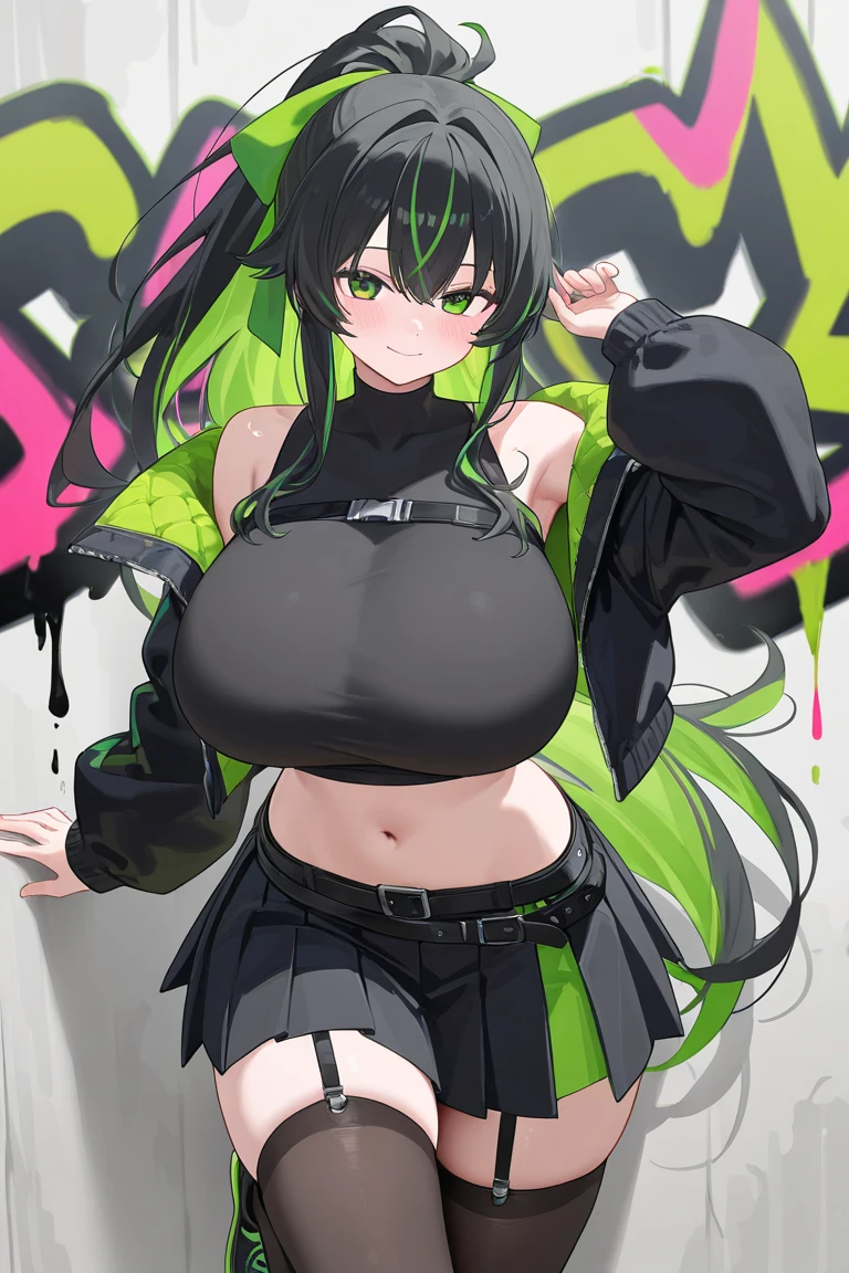 Erotic Anime Illustration、highest quality、Sex Appeal、Downtown Festival、smile、Road surface covered with graffiti、Selling aphrodisiacs、Splatoon、Plump Gal、Perfect proportions、Very large breasts、Exposed nipples、Fatty legs、Beautiful, shining eyes、Exposing the vagina、Sweaty、Cowboy Shot、Hatsune Miku