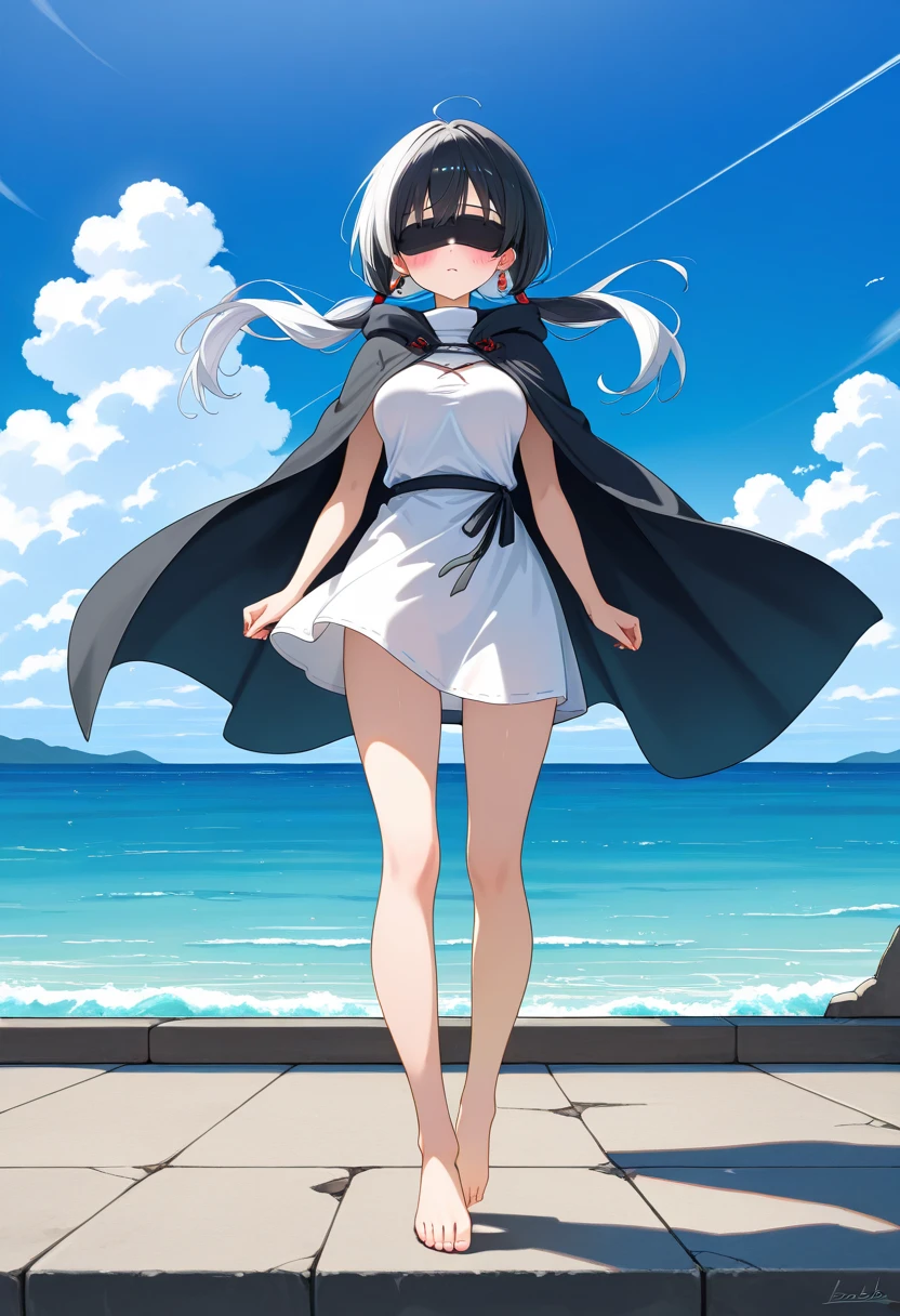 best quality, masterpiece, highres, solo, {misaki_bluearchive:1.15}, short_hair, black_hair, bangs, halo, red_eyes, bandages, bandaged_neck, hoodie, upper_body, ear_piercing, piercing, 1girl, eyepatch, hat, one-piece_swimsuit, sun_hat, swimsuit, school_swimsuit, outdoors, beach, cloud, day, hood, looking_back, sky, undressing