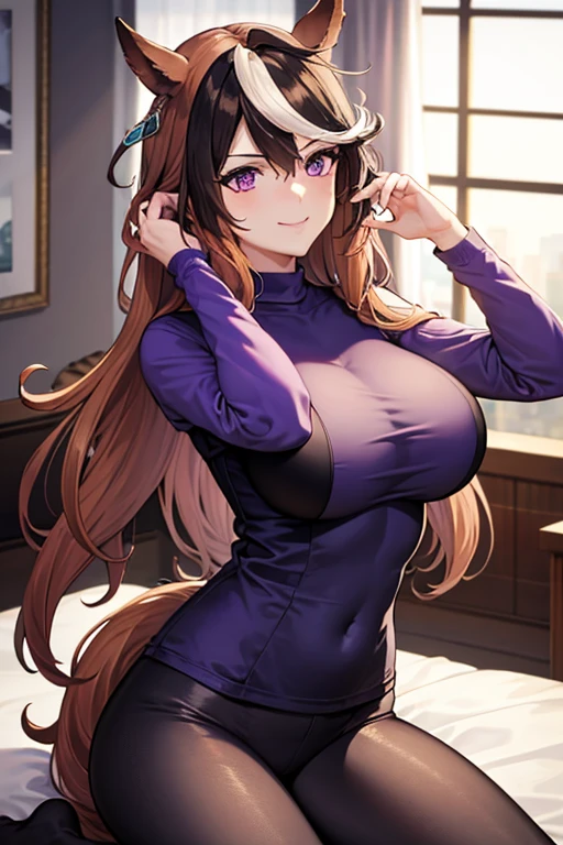 (extremely detailed CG unity 8k wallpaper),(masterpiece),(best quality),(ultra-detailed),(best illustration),(best shadow),(absurdres),(detailed background), <lora:Cana Alberona:1> Cana Alberona, 1girl, solo, breasts, blush, cleavage, brown hair, medium breasts, gloves, purple eyes, ponytail, long hair, ((shoulderless sweater,)) elbow gloves, leggings, indoors