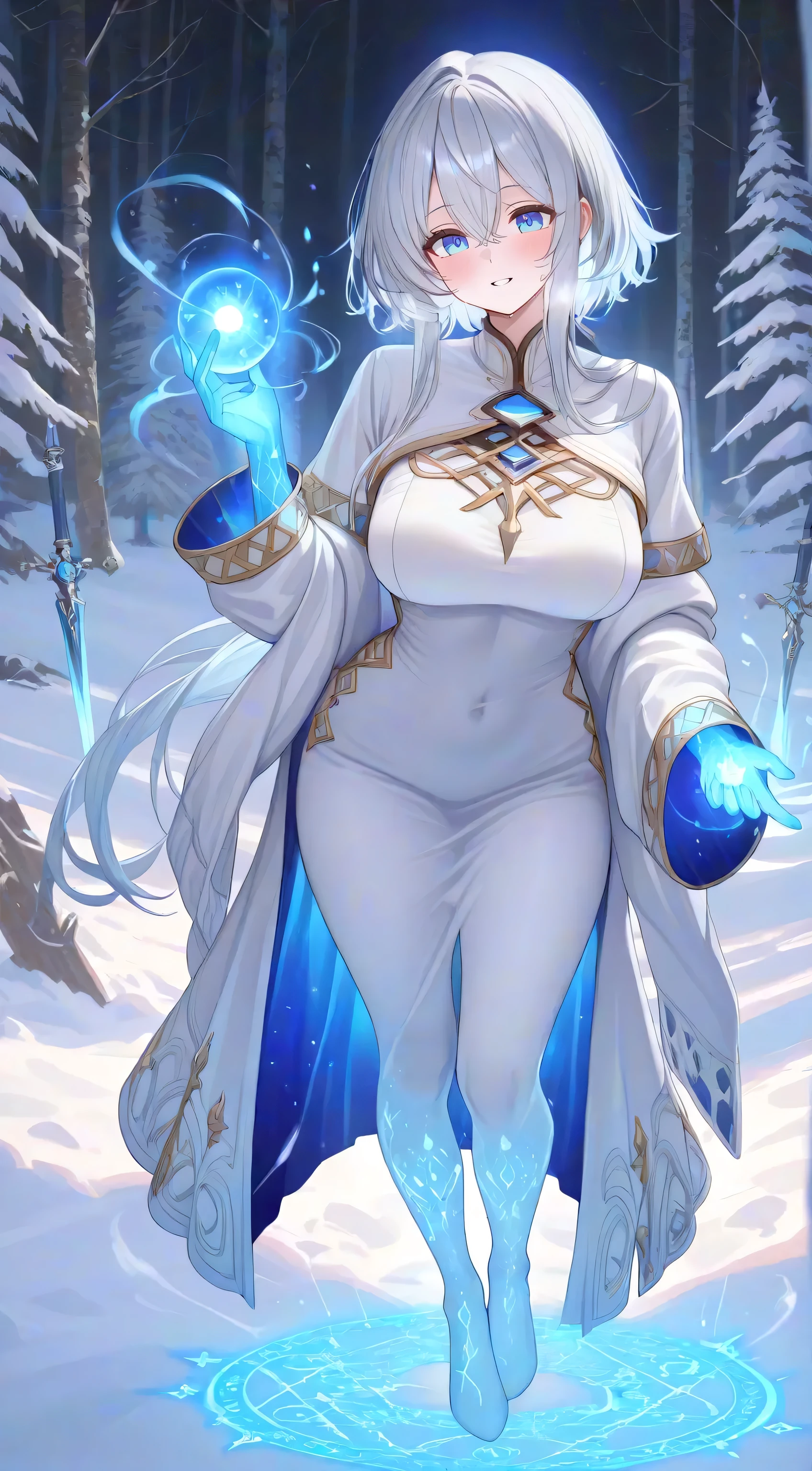 (masterpiece, best quality, high resolution, ((full body, standing,))((huge breasts )) 1 woman, 1 elegant-looking ice echisera, ice hooded magic echisera dress, ( (whole body))