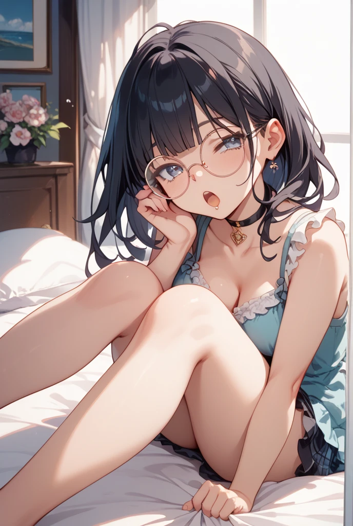 Tazune rirei, nsfw, 8k, ultra-detailed, Masterpiece, best quality, perfect lighting, aqua eyes, black hair, braid hair, ((spread pussy wide)), ((pussy focus)), vivid pussy, vaginal hole, (vaginal finger:1.3), female , white chemise, middle chest, nipple peek, pink areola, barefoot, spoken heart, sitting on bed, bedroom, inside, from below, 1girl, solo, blush, embarrassed, ((orgasm)), portrait, bokeh