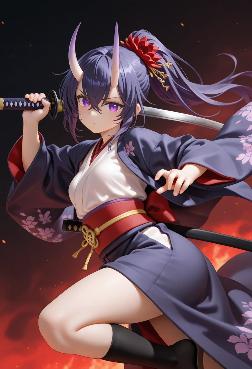 (8k, Highest quality, masterpiece: 1.2),Midnight purple hair color,Long Ponytail,Swordsman,Long Straight,beautiful girl,Miko costume,In combat,knife,skirt,Japanese style,Moonlit Night,Red eyes,sexy,breast enhancement,Akane Kurokawa、Long, narrow eyes