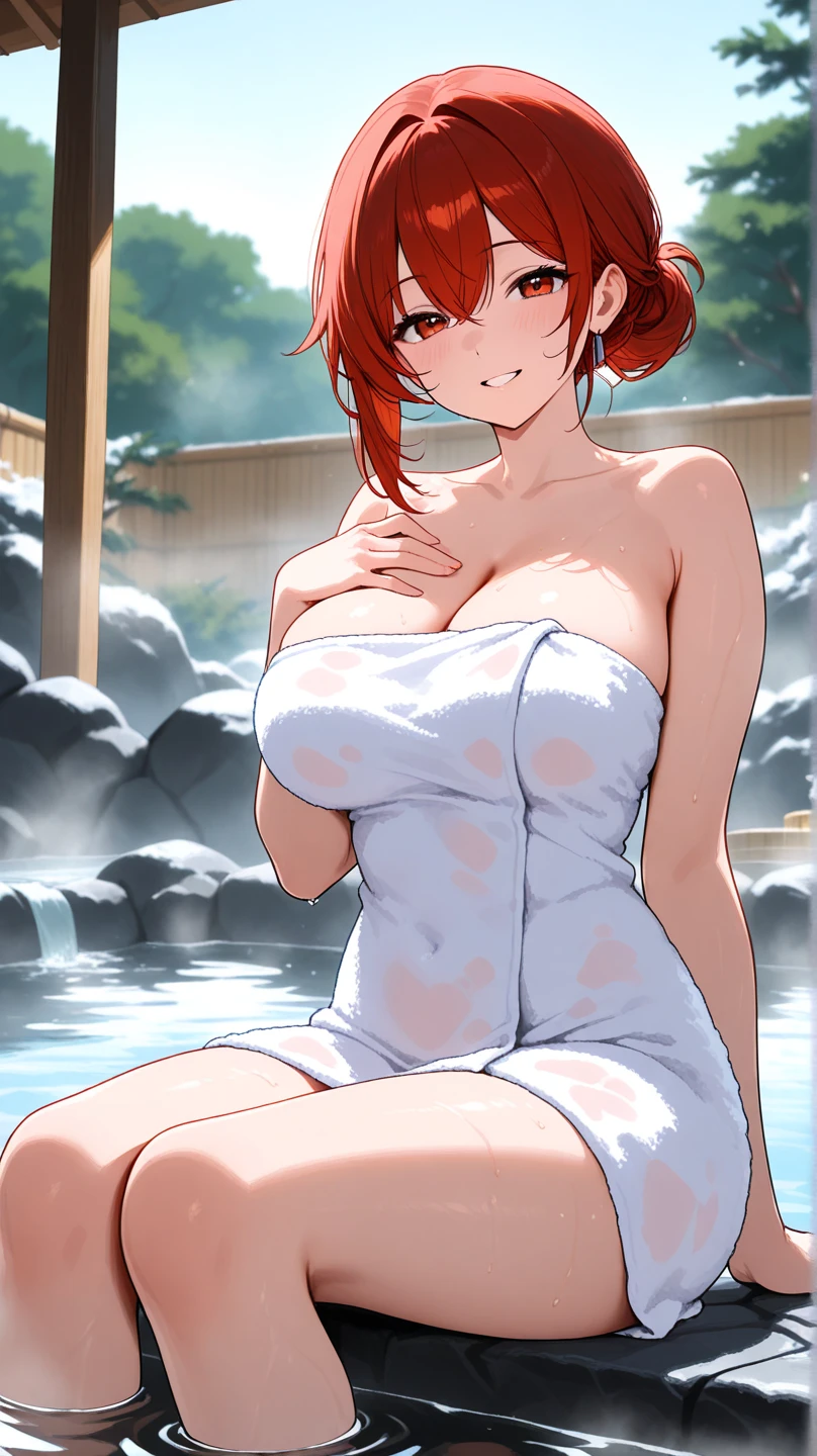 Kafka, 1girl, solo, long hair, breasts, blush, smile, bangs, large breasts, closed mouth, closed eyes, ponytail, red hair, outdoors, sky, water, wet, night, bent over, towel, night sky, partially submerged, head rest, lantern, onsen, bathing, breast rest, towel on head