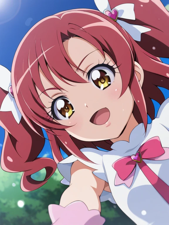 Yui, With the stocky young girl from the anime、I'm wearing leather,Pretty Cure style,glitter,fisheye lens,from below,