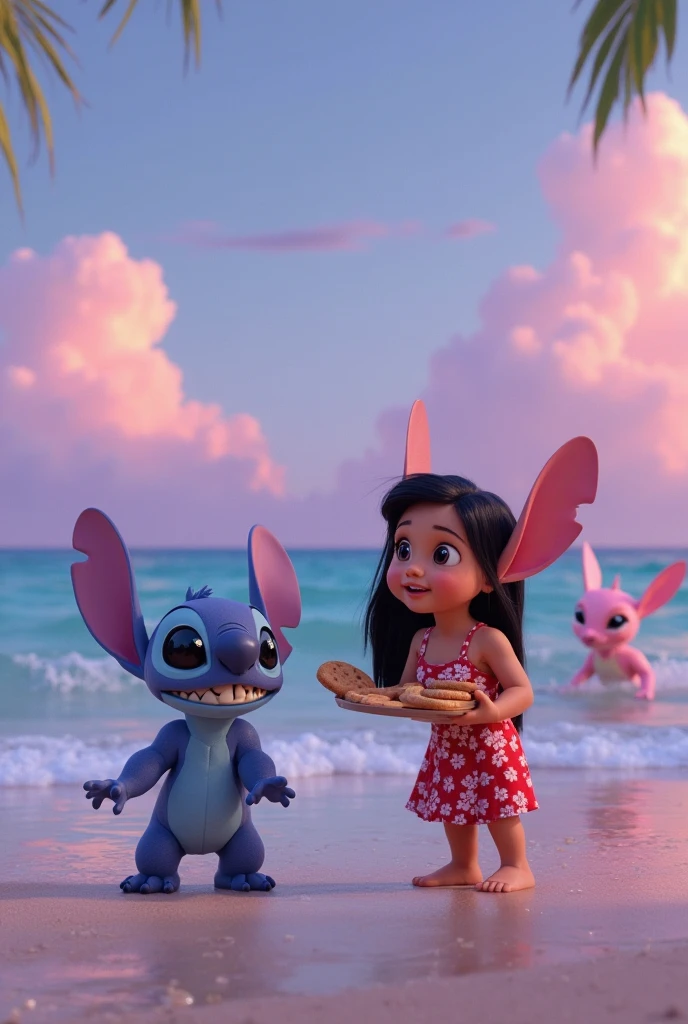 stitch and stitch abraçoging on the beach with a blue sky in the background, Lilo e Stitch, Disney!!, Vestir mentira!!, Vestir mentira!!!, pin on anime, ahhhh, feliz!!!, in style of Disney animation, Vestir!!! mentira!!!, rosa e azul, ambos rindo, estilo anime”, Vestir!!!! mentira!!!!, abraço, azul e rosa
