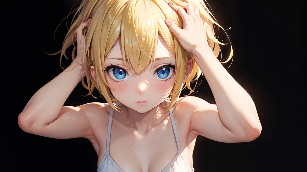 (masterpiece, highres, best quality, vivid, dynamic light:1.2), (closeup dynamic angle full face shot:1.3), mature woman, (emotionless face, stare eyes:1.4), (huge heavy wide clean breast cleavage:1.3), (complete yellow hair:1.2), (curvy, thick, chubby:1.2) (nude, shiny clean clean skin:1.2),