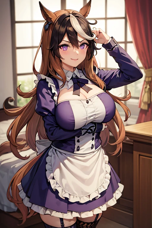 best quality, masterpiece, highly detailed, illustration, 1girl, solo, yoshida yuuko \(machikado mazoku\), shamiko, (maid), cleavage, white thigh highs, glossy lips, closed mouth, standing