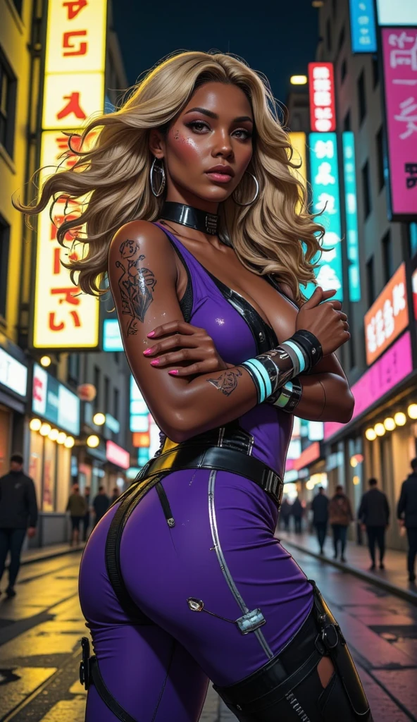 purple high-slit dress, shiny effect, accessories on her PURPLE dress, shiny gold, shiny glowing eyes, shiny accessories, shiny skin reflecting light, no glasses, earrings, necklaces, thigh garter, armlet, bracelet, 1 hot girl, dark skin, short straight hair, low-cut cleavage, halter neckline, thigh cleavage, street sidewalk, fog, night city