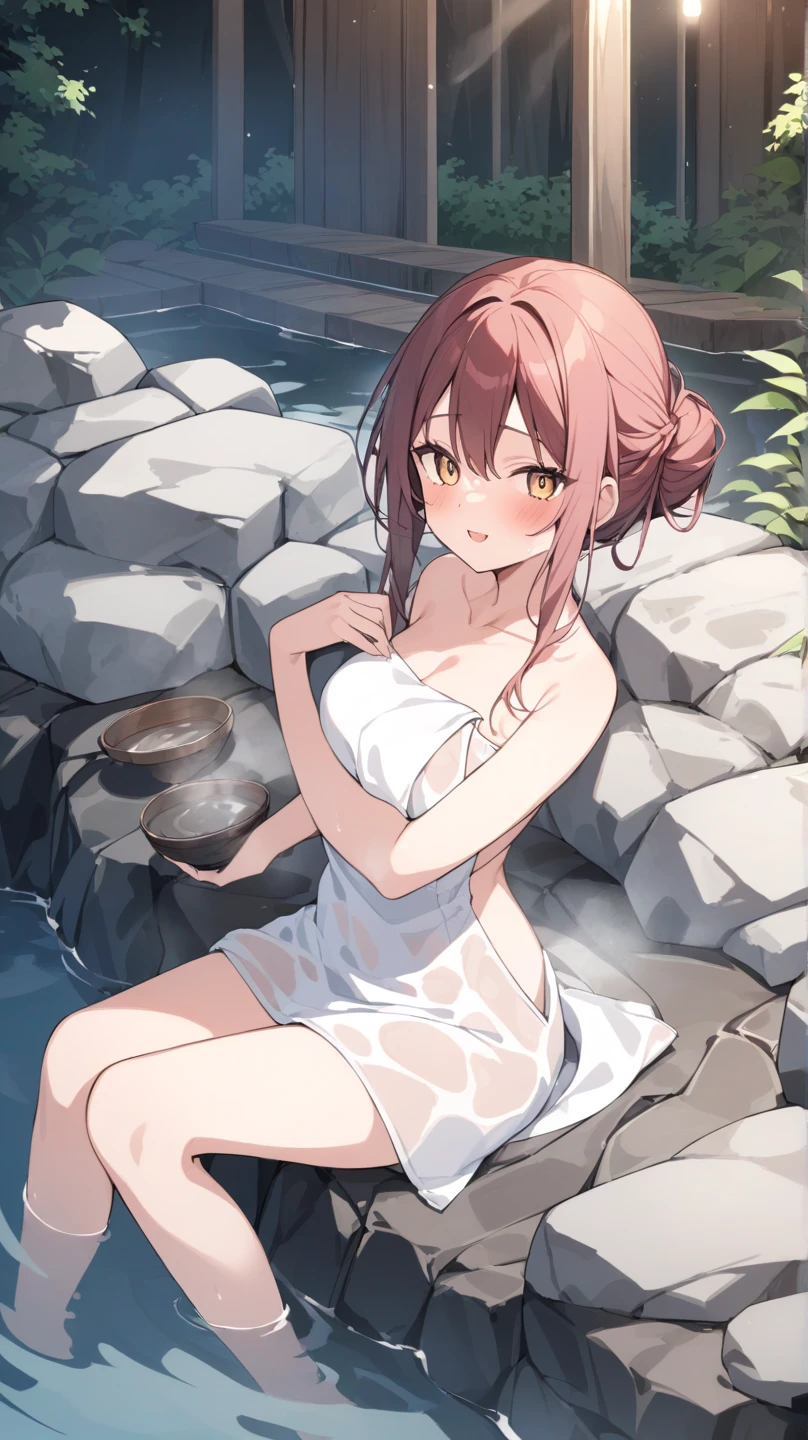 (masterpiece, best quality), 1 girl, hot spring, towel, sakura, onsen, blush, pink hair, horns, solo, off shoulder, wrist scrunchie, perfect anatomy
