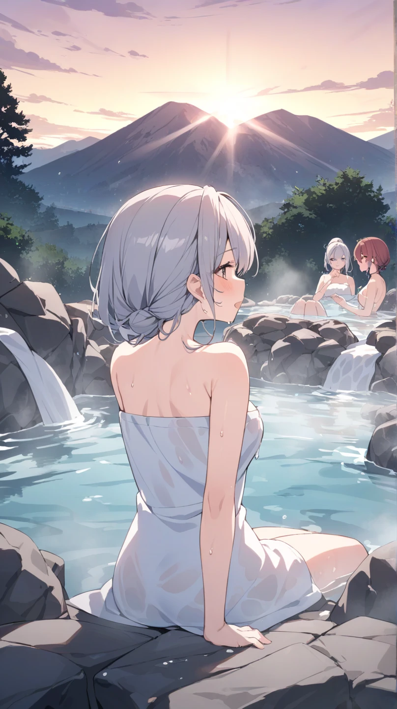 "Gorgeous, high quality, highly detailed masterpiece with two charming girls sitting near the waterfall, bath towels, bathing. Create an inviting atmosphere. Medium breasts, (forward lean: 1.3), (beautiful slip: 1.2), stroke, look at the audience