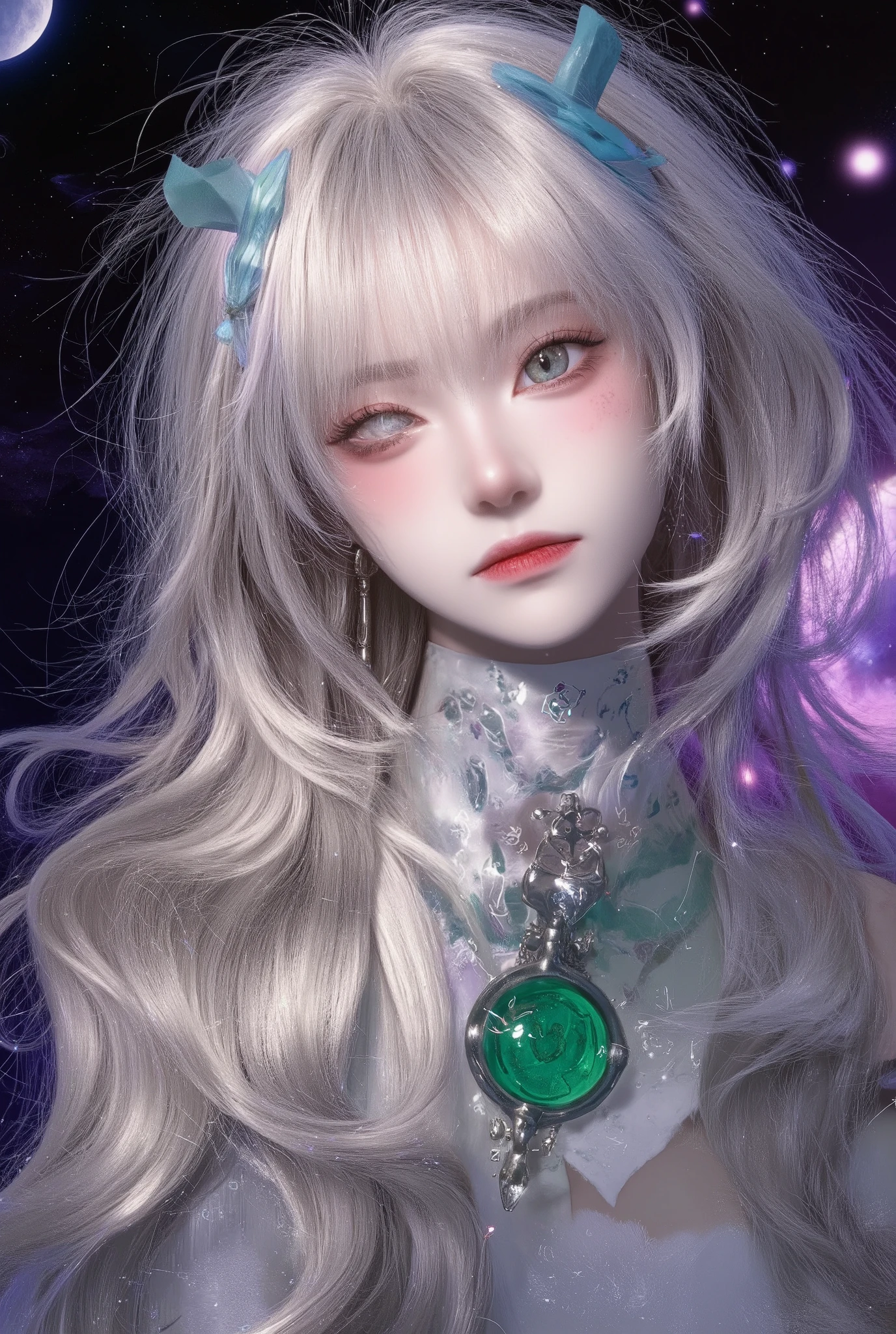 **" Anime girl with long ,  with iridescent silver hair ,  that flow ,  like streams of moonlight .  Her eyes are emerald , deep,  filled with magic and reflecting the infinity of the universe.  Her face has a light blush ,  are in the air and under her eyes there are subtle freckles ,  that give her a gentle , natural charm .  She is wearing a translucent dress ,  woven from the energy of the stars .  Magical patterns flicker on the fabric ,  reminiscent of ancient symbols ,  flashing soft from time to time with .  The edges of the dress are slightly dirty ,  as if they don't obey the laws of gravity .  Floating magic glyphs ,  shimmering with soft shades of purple and blue .  In the background there is a fantastic landscape : Floating Islands, ancient ruins,  a starry sky with two moons and shining clouds .  The whole space is filled with light particles of light ,  creating an atmosphere of mystery and magic . Her pose is elegant ,  Graceful,  with a slight hint of shyness ,  but in her eyes there is wisdom and inner strength . She is surrounded by an aura of magic ,  that makes her look like the goddess of starlight."**