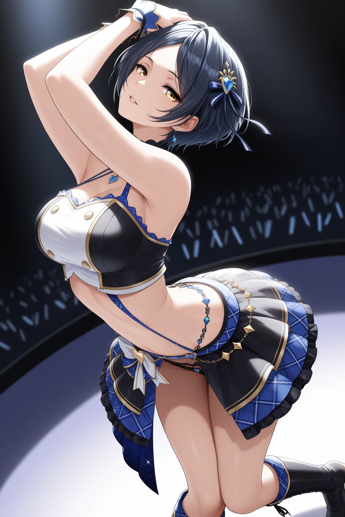 yamadahana, antenna hair ,black hair, short hair, brown eyes, hair ornament,, large breasts,, Live Stage, solo nsfw