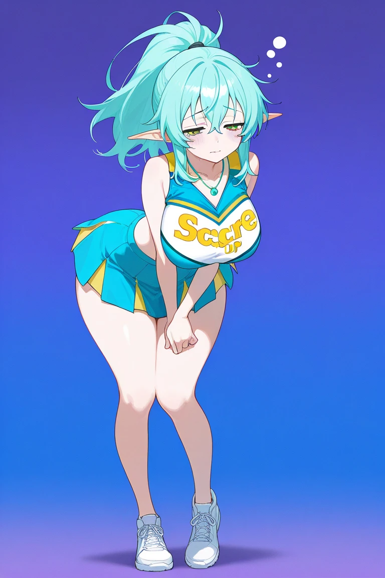 Pointed Ears, Green Hair, Green Eyes, short hair, short hair with long locks, , Live Stage, Browsing Caution. Large Breasts. naked. crying ,solo, nipple