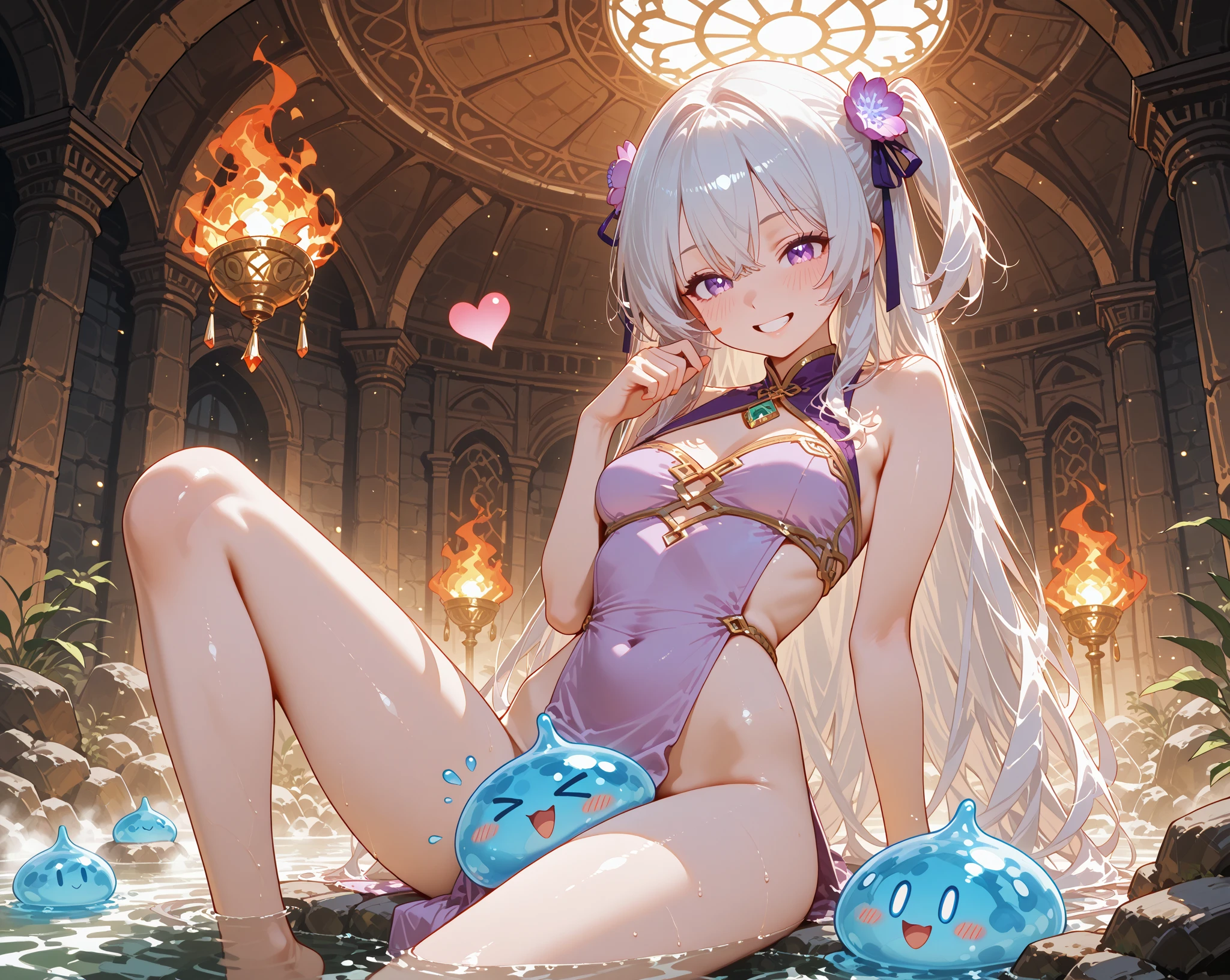 (Buddhist paradise、Gold Dust、silver、Ruri、agate、Several large crystals)、Kannon Bodhisattva、Amitabha is coming、Golden aura shining、白silver色の明るい世界、Flowers are blooming all over the place、Seated on a lotus pedestal、Official artwork、(masterpiece、highest quality、High resolution、8k)、The composition is excellent、