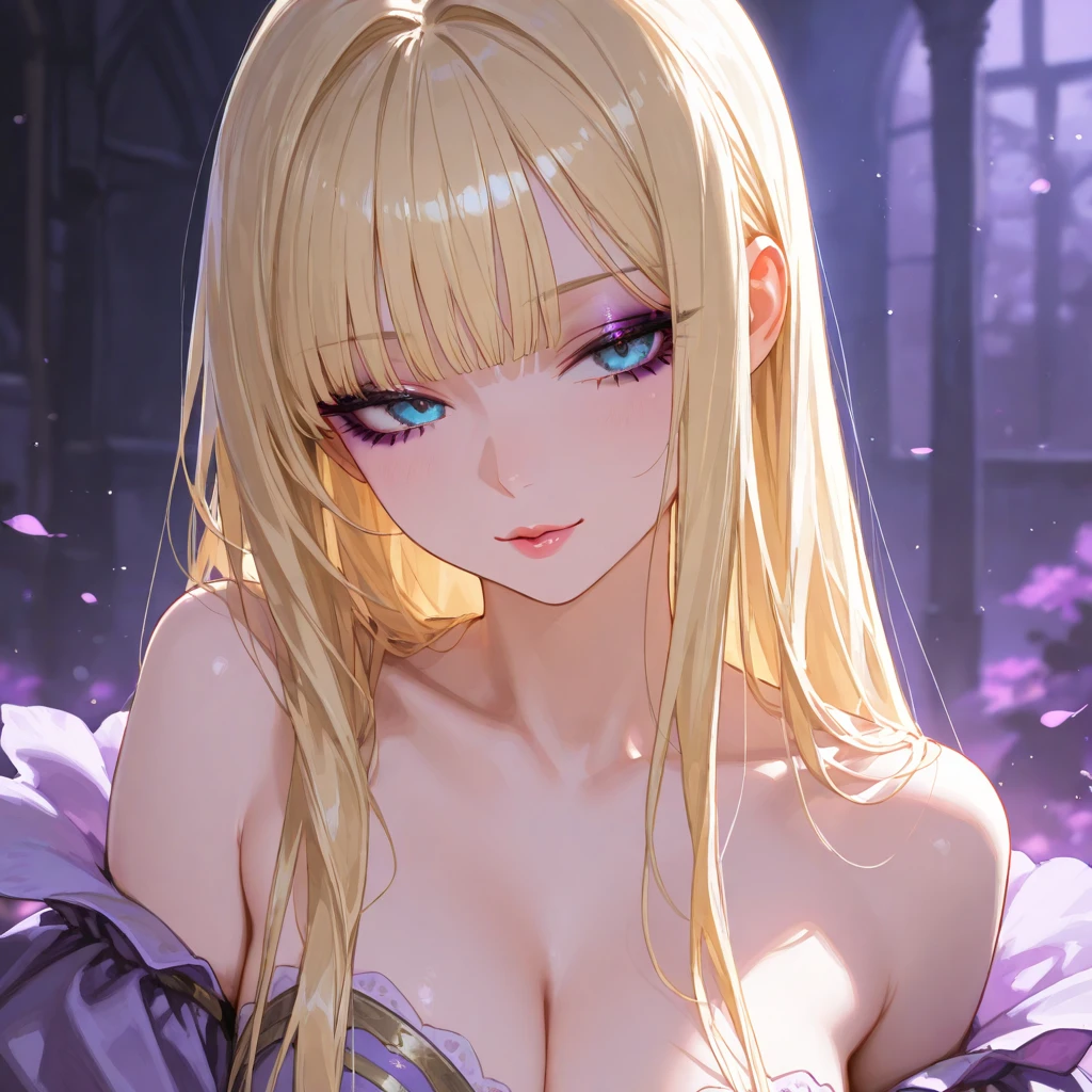 Kuroume_1024, ((shoujo-style, floral background, romance manhwa)), (close up), (1girl:1.2), platinum-blonde hair, solo, long hair, flower, dress, thick eyeblows, blue flower, wavy hair, closed mouth, collarbone, breast, cleavage, puffy sleeve, white dress, purple dress, elbow gloves, earrings, necklace, hair bow, face focus, beautiful face, detailed eyes, pupil, looking at viewer