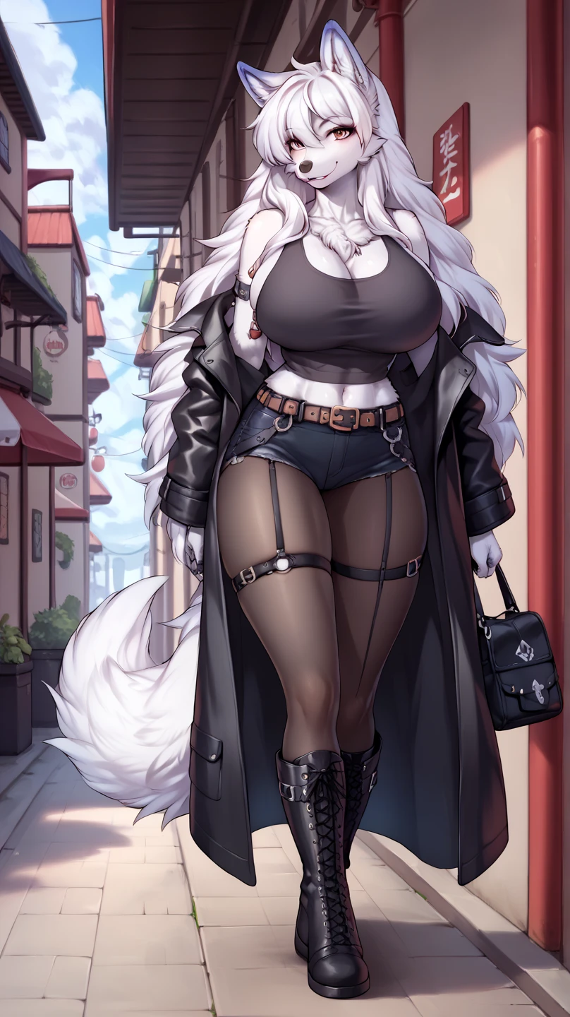 Full body portrait, single woman, especially detailed face, masterpiece, 4k, wallpaper, highlydetailed face, ultra-detailed face, voluptuous, big breasts, curvy, long hair, gray-silver hair, a young wolf woman, wolf ears, wolf tail, wolf-like irises, beautiful, enchanting, bright yellow eyes, detailed eyes, ultra-detailed eyes, accurate eyes, detailed irises, correct body proportions, elegant, small vertical scar under right eye, small rosy lips, big breasts, slender elegant arms, pretty hands, detailed hands, charming, slight blush, smug smile, black stylish shorts and top outfit, detached sleeves, light black armor, armored bike shorts, black armored fur cloack, black metal armor, bare off shoulders, toned abs, exposed belly, standing pose, hands on hips pose, black thighhigh on the left leg, sole girl
