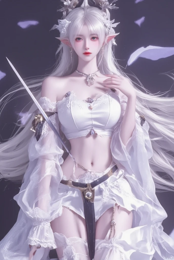((best quality)), ((masterpiece)), (detailed), 1girl, off-shoulder, Character design, female, dynamic poses, long white grey hair, grey white eyes, very skinny, detailed, best quality, no accesoires around the neck, no shoes, prominent collarbones, skinny arms, flat stomach, visible hip bones, full body, blank white background, plain background, white background, red and white clothing, Bloodborne inspired, occult aesthetic, occult, detailed and intricate steampunk and detailed gothic, NSFW, Very dramatic and cinematic lighting, cosmic horror, grim-dark, side-lighting, perfect face, NSFW, Fluttering lace flared long knee length dress with frilly petticoats, knee length dress, pleated petticoats, petticoats gothic, complex lace boots, side-lighting, gothic lolita aesthetic, wielding a mighty sword with mechanical components, mandalas, small breasts, a fairy, various different types of insect wings, NSFW, full body, whole body, body, plain background, white background, blank background, no background, white background NSFW, chains, full body, whole body, head-to-toe NSFW