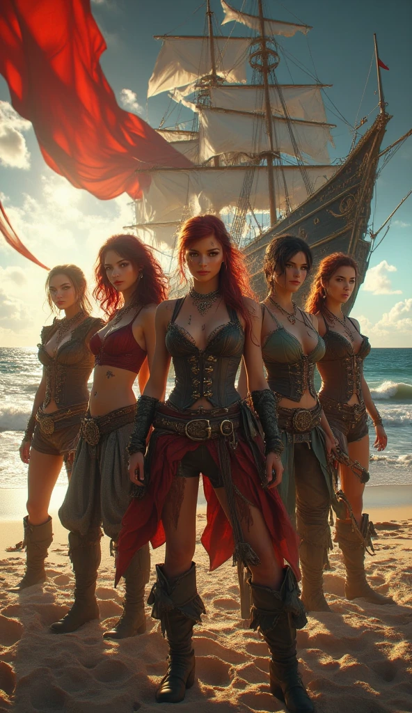 three female pirates, one red head, one blonde, and one brunette, 18th century, on deck of pirate