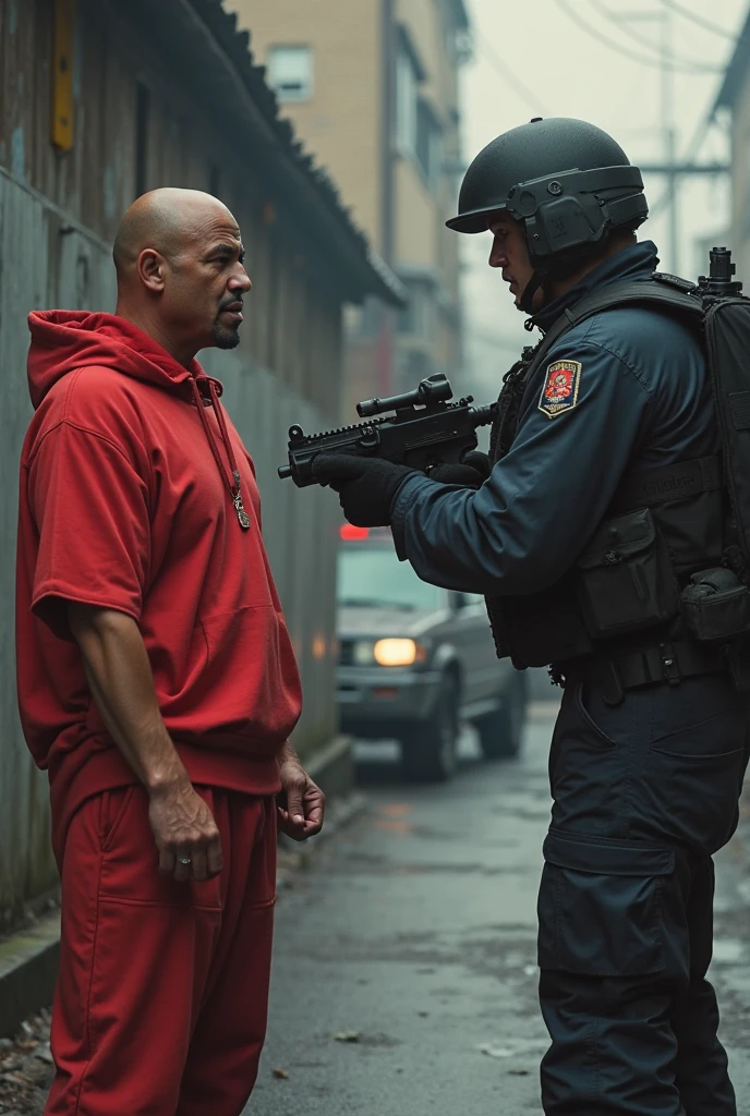 Military arresting bandit, with people looking in the background, 2 military, a tattooed gangster, hand cuffed