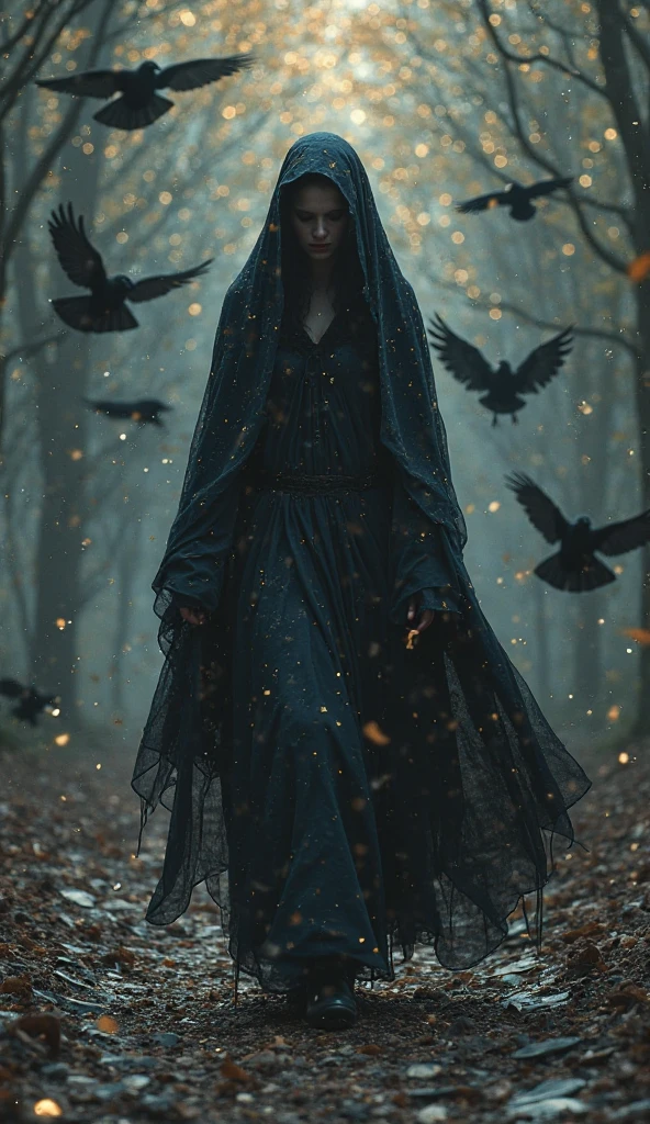 very beautiful hijab woman, black eyes, wearing a long black dress, The dress is medieval style, with long sleeves and a draped neckline, clothing is fully enclosed, around her are 5 black crows and 5 moon owls, It is as if she rules over them