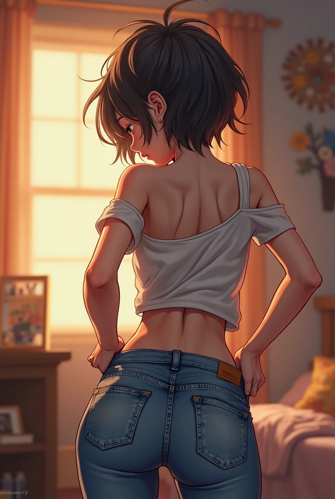 Slender cute boy 12 years old without a shirt, in short belvkh panties(1:2), you can see your naked ass, back view, looks at the camera