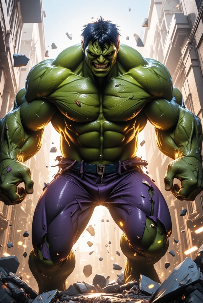Green superhero with muscles, alien face and explosion behind