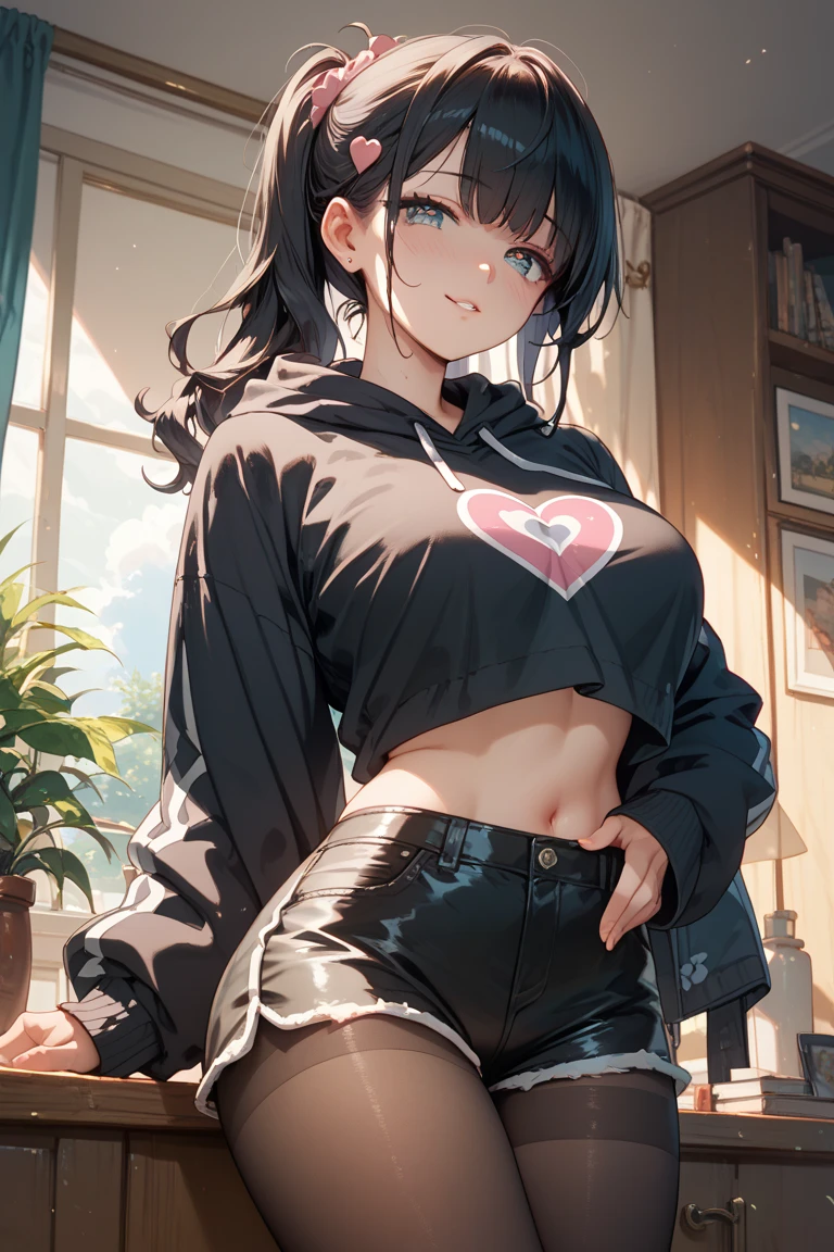 masterpiece, Highest quality, pretty girl, 16 , Scrunchie hair ornament, Twin tails,denim pencil mini skirt,hoodie, Patterned stockings, Leg belt, necklace, skinny , Pink and black bra,((showing off lace panties)),sword,knife,Japan holding a sword,assassin,