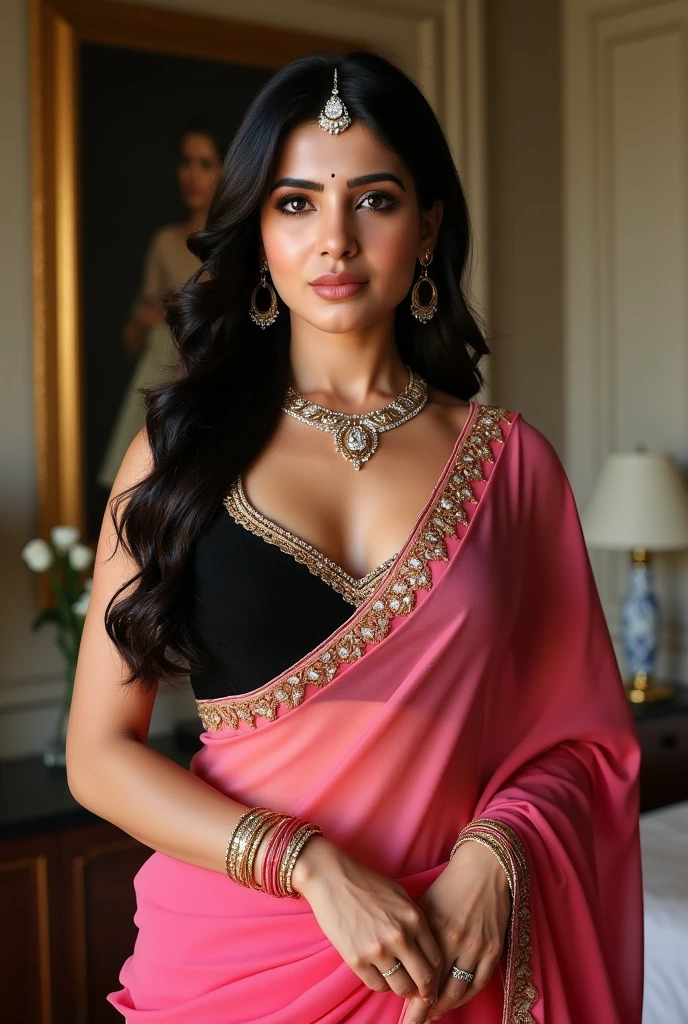 4K, UHD, masterpeice, indian girl, romantic face, detailed eyes, detailed lips, very long hair, straight hair, very long hair, beautiful hair, hair ornaments, hairband, gradient hair, (( orange pink geometric suite )), ((tanktop)), sardine, ((lace)), neckband, earring, high lighting, ((bare stomach)), wedding stage, fujicolor, depth of field, ray tracing, ultra realistic detail, ((black YSL heels))