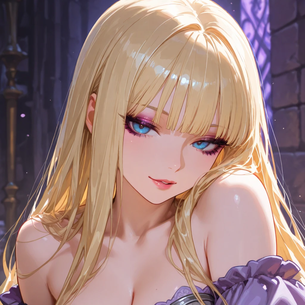 (Masterpiece, Top Quality, Best Quality, Anime, NSFW, Character, Photorealistic, Official Art, Super Detail 8K Art), Girl, Blonde Hair, (Crafted Beautiful Eyes), Beautiful Eyes, Perfect Face, Naughty Smile, (Blonde), Naughty Smile, Simple Background, Watch Viewer, Perfect Body, Perfect Hand, Sexy Girl, Blonde girl in purple bikini