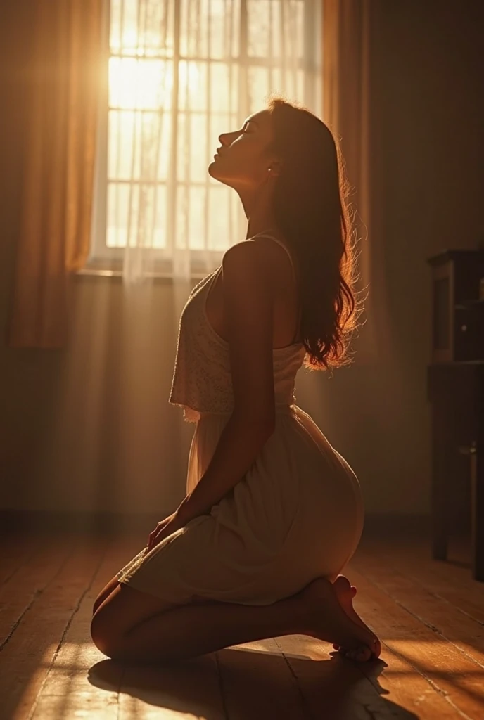 photorealistic image of a woman surprised by a huge orgasm, is stretching her limbs and slighlty arching her back like a cat