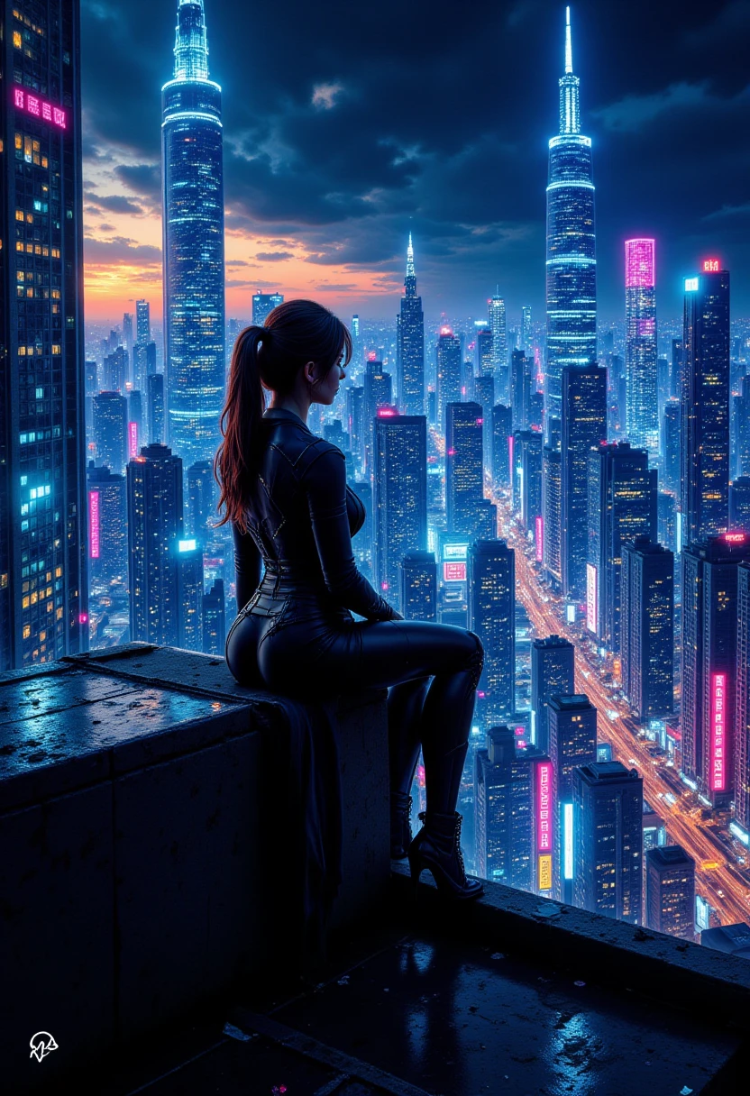 (((a medium-breast bikini slim GIRL with black micro sunglasses))), a balcony of a futuristic building, aerial view of an ultra-futuristic megalopolis, many metal buildings and houses in dark colors from dark blue to black, a cidade tem tons de cinza metal, has smoky metal structures , industrial environment with smoke and fog around, carros escuros nas ruas, desert megalopolis, trilhos e trens modernos de de metal passando estre as ruas da cidade, tall futuristic metal buildings, many ultra modern buildings around, realistic, detailed, Science fiction