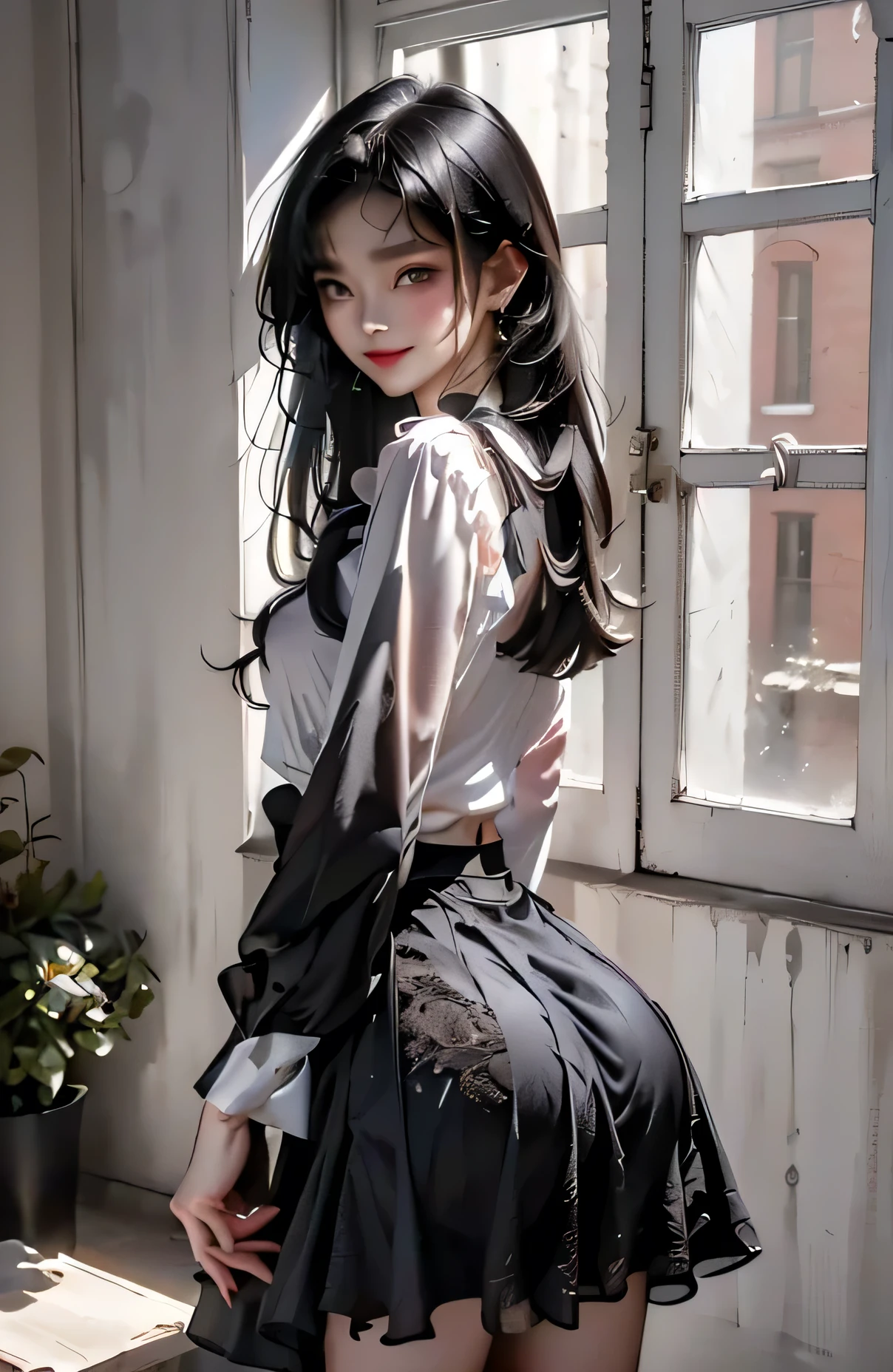 Break、 ((top quality)), ((傑top quality、masterpiece、high sensitivity、high resolution、Detailed Explanation、depicting a delicate face)),(((small face、small breasts、small butt、Slender figure)))、(((highly detailed face and eyes、Beautiful Face)))、((open the window of the room、Put your hands on the window、look up at the clear sky with a bright and gentle smile))、With a bright and kind smile、((is arching its back and sticking out its butt、curvy and dynamic pose))、side or back view、Dark hair shining in the light、long hair、straight hair、earring、high contrast、Drop Shadow、 ((long sleeve、White Chiffon Blouse、wrinkles on clothes))、Break、((black lace flare skirt、long skirt、wrinkles on clothes))、Break、 ((Daytime、The center of town、surrounding area、Stylish cafe storefront、street、bright sunshine))、