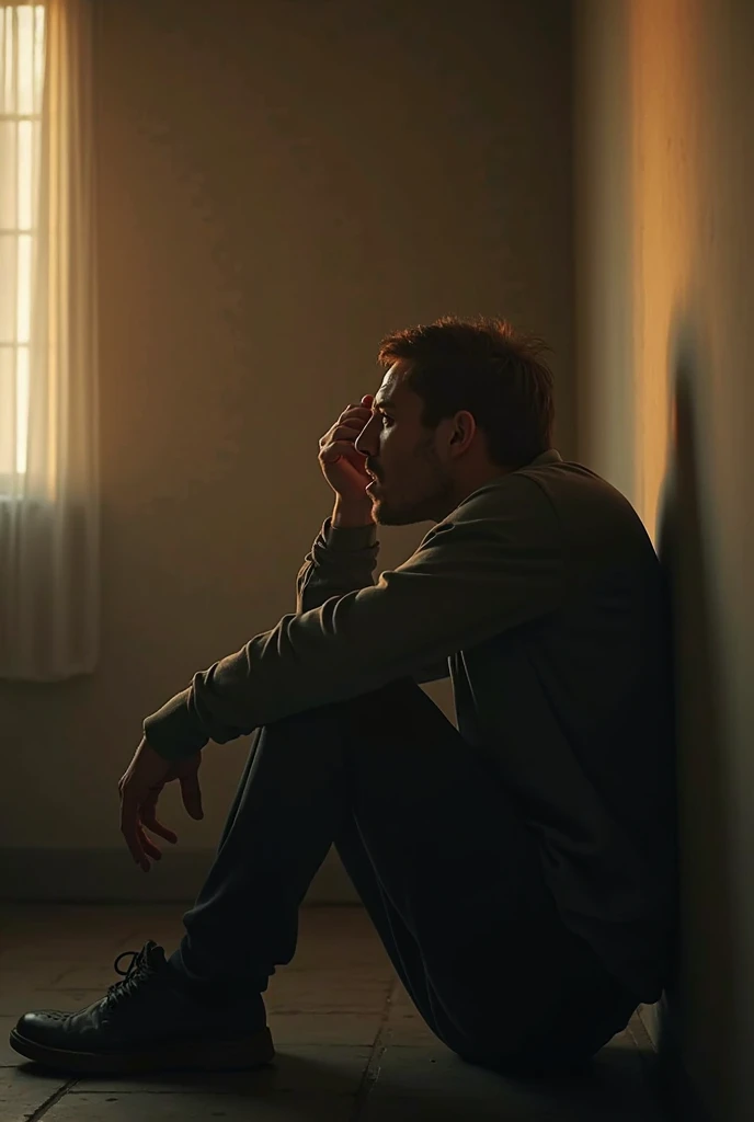 homem, wrecked, triste e sozinho, who is shirtless, upside down and with hands covering your face, sitting in a chair that has a table in front of you, que tem um celular na mesa com a tela ligada