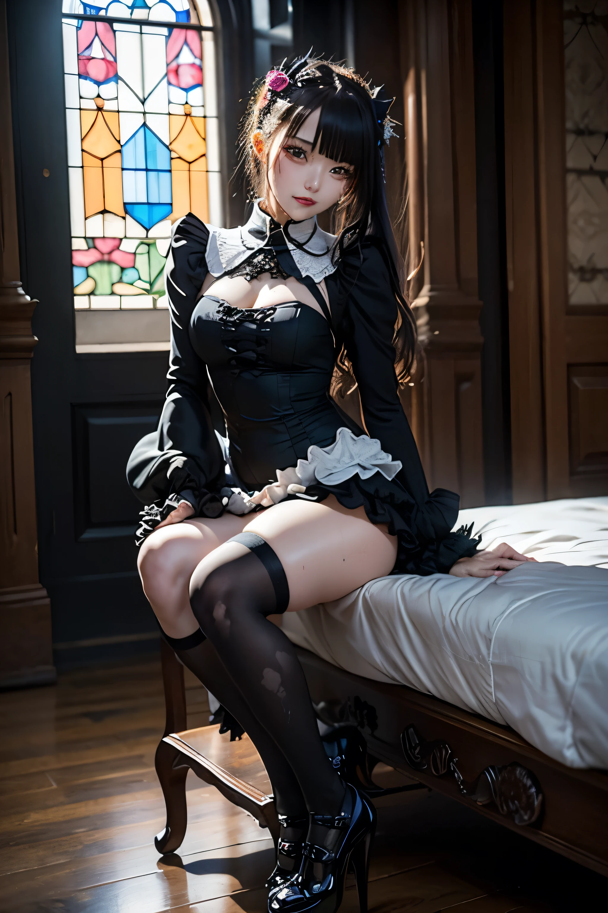 see through clothes(Full body female love:1.3),best quality, masterpiece, ultra high resolution, (lifelike:1.4), original photo, 1 female,18 years old, black hair, big eyes, Detailed eyes and face,huge breasts,split,long legs,Belted robe open ,bare shoulder,no underwear:1.5,see through clothes,Hollow material white clothes,Smile、sleeveless costume、((Maid clothes))、Extremely revealing clothingHuge breasts and ass on a thin body、Lying in bed
