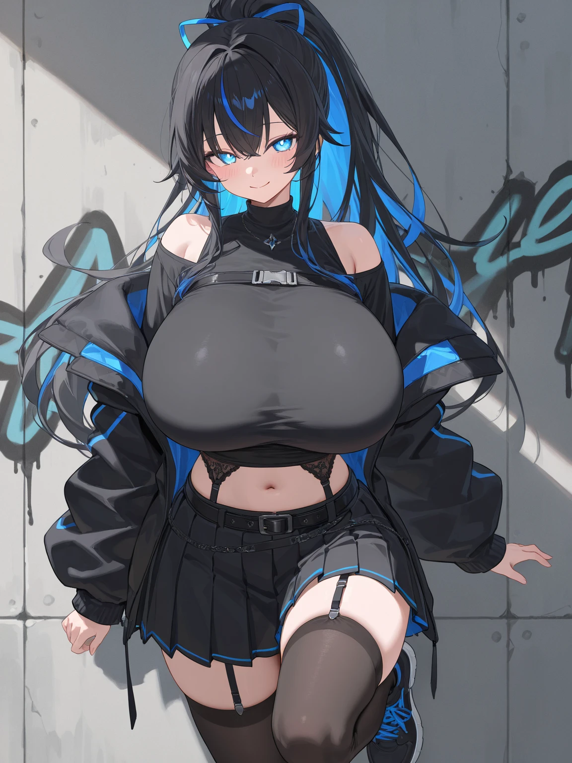 (medium breasts:0.6),(from above:1.2), ((Face)), (Close-Up:0.4), sexy posing,(masterpiece: 1.2, best quality), a captivating image of (1 lady), adorned with a chic and a trendy black jacket, her legs clad in snug bikini. Her mesmerizing blue eyes gleam with an enigmatic allure. The scene is set against a backdrop of a graffiti wall, adding a unique and vibrant contrast to the image. Every detail, from her expressive eyes to the intricate graffiti, is rendered in (masterpiece: 1.2, best quality), with (ultra high resolution) and an exquisite (depth of field). This masterpiece is not only visually stunning but also tells,(double breasted:1.0,under bust:1.0),(with sparkling eyes and a contagious smile),open mouth, Looking at Viewer, 