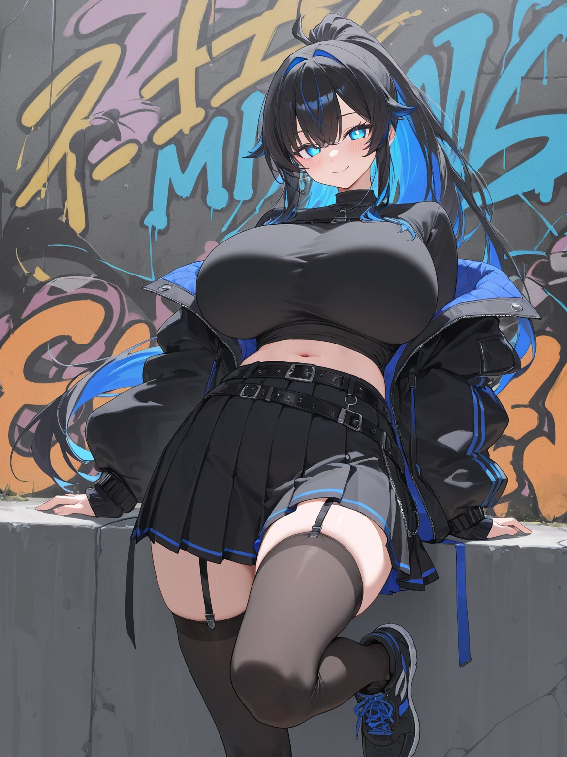 ((Highest quality)), ((masterpiece)), ((detailed)), (4K), 1girl, 独奏, indigo blue hair, black tube top, bike shorts, squatting, (open legs), large breasts, angry, looking at viewer, (from below), breast focus, town, wasteland, sweat