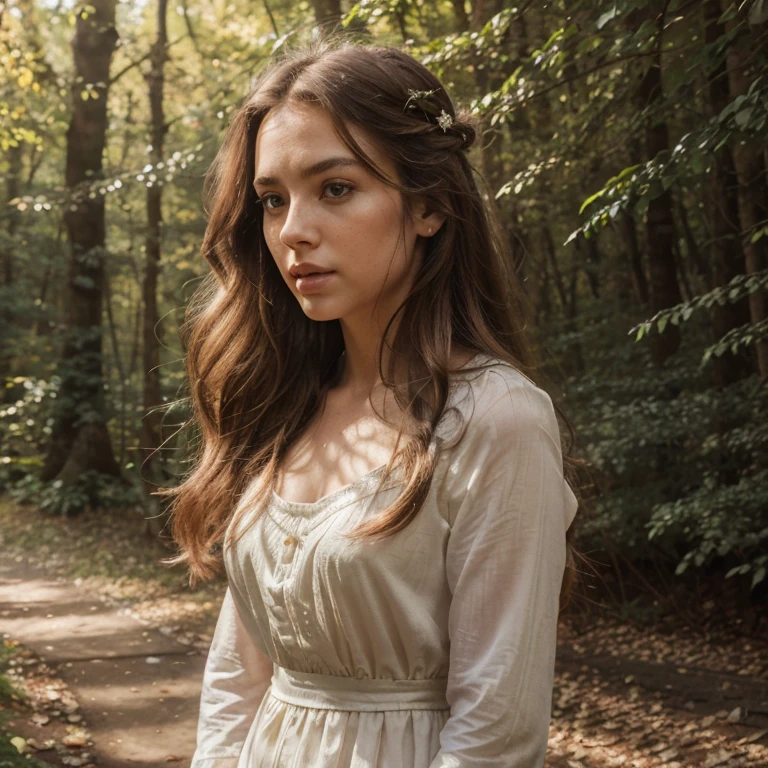 Create a feminine photoshoot in a forest, with the theme 'Echoes of the Past'. The woman must be wearing a white vintage dress and have braided hair. As fotos devem ser no estilo vintage, com poses que realcem a feminilidade de forma formal. Write a detailed description of the essay, highlighting the fusion between the past and the present, the serenity of nature and the elegance of the female figure.